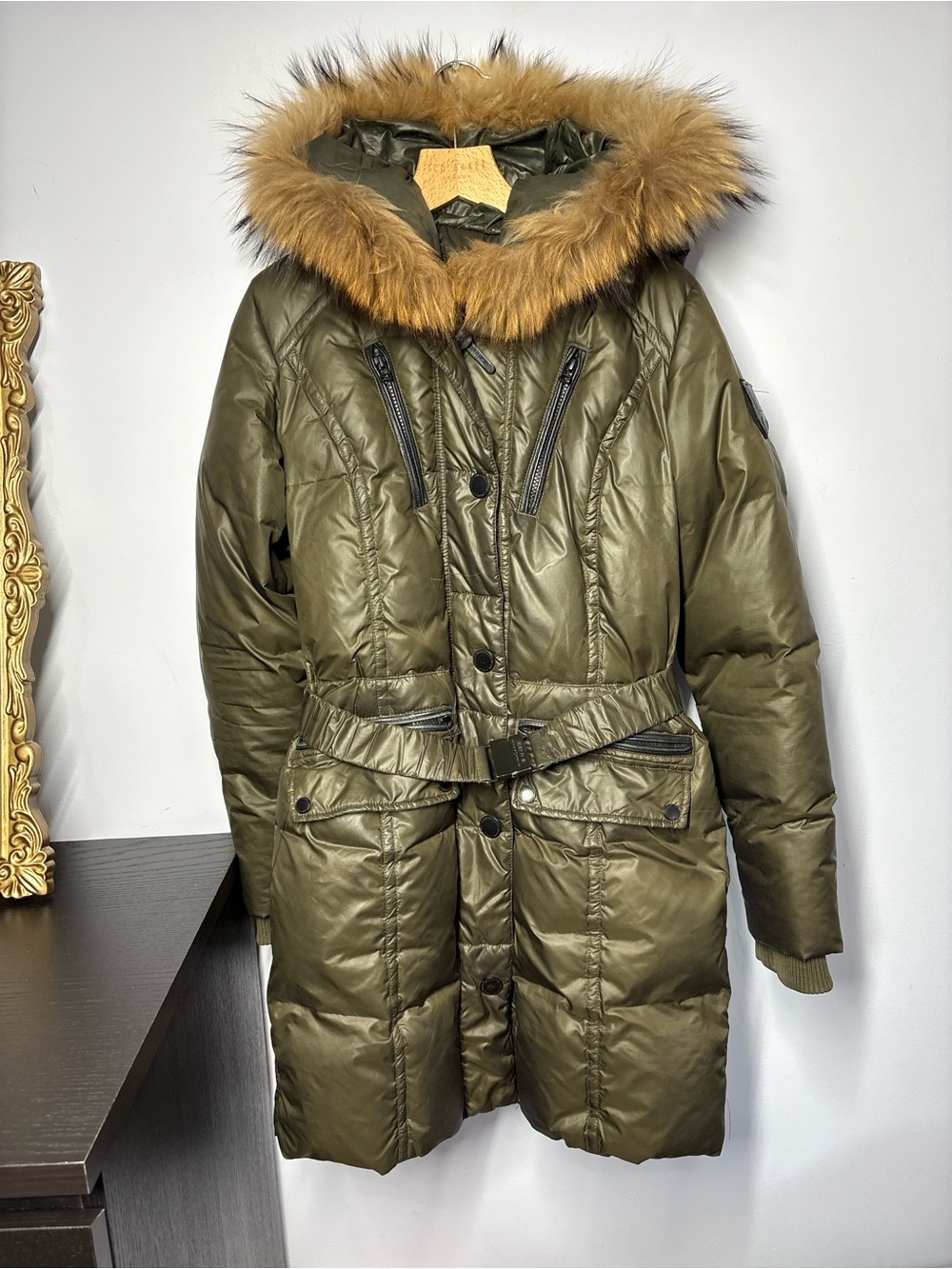 Atelier Noir by Rudsak Olive Green Quilted Parka Coat with Faux Fur Trim